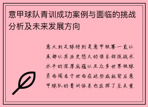 意甲球队青训成功案例与面临的挑战分析及未来发展方向