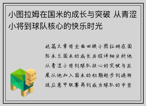 小图拉姆在国米的成长与突破 从青涩小将到球队核心的快乐时光