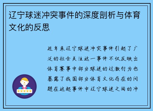辽宁球迷冲突事件的深度剖析与体育文化的反思